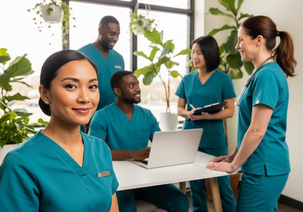 Professional team photo of diverse caregivers in welcoming office environment