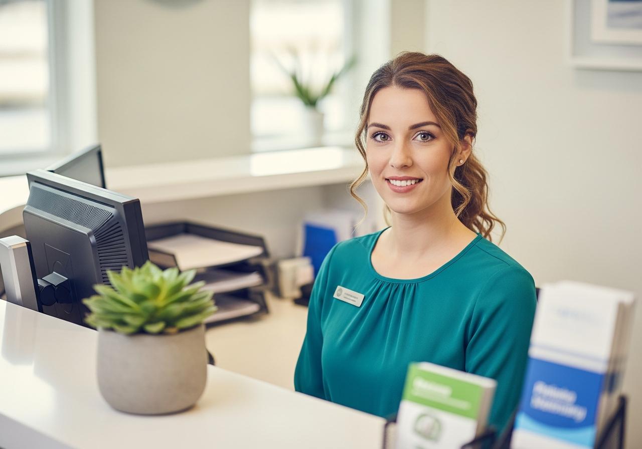 Friendly receptionist at modern office desk with welcoming smile