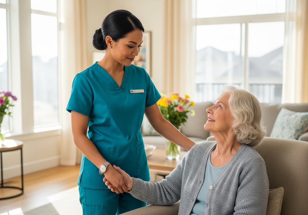Elderly woman smiling warmly while caregiver assists her in bright, modern home environment