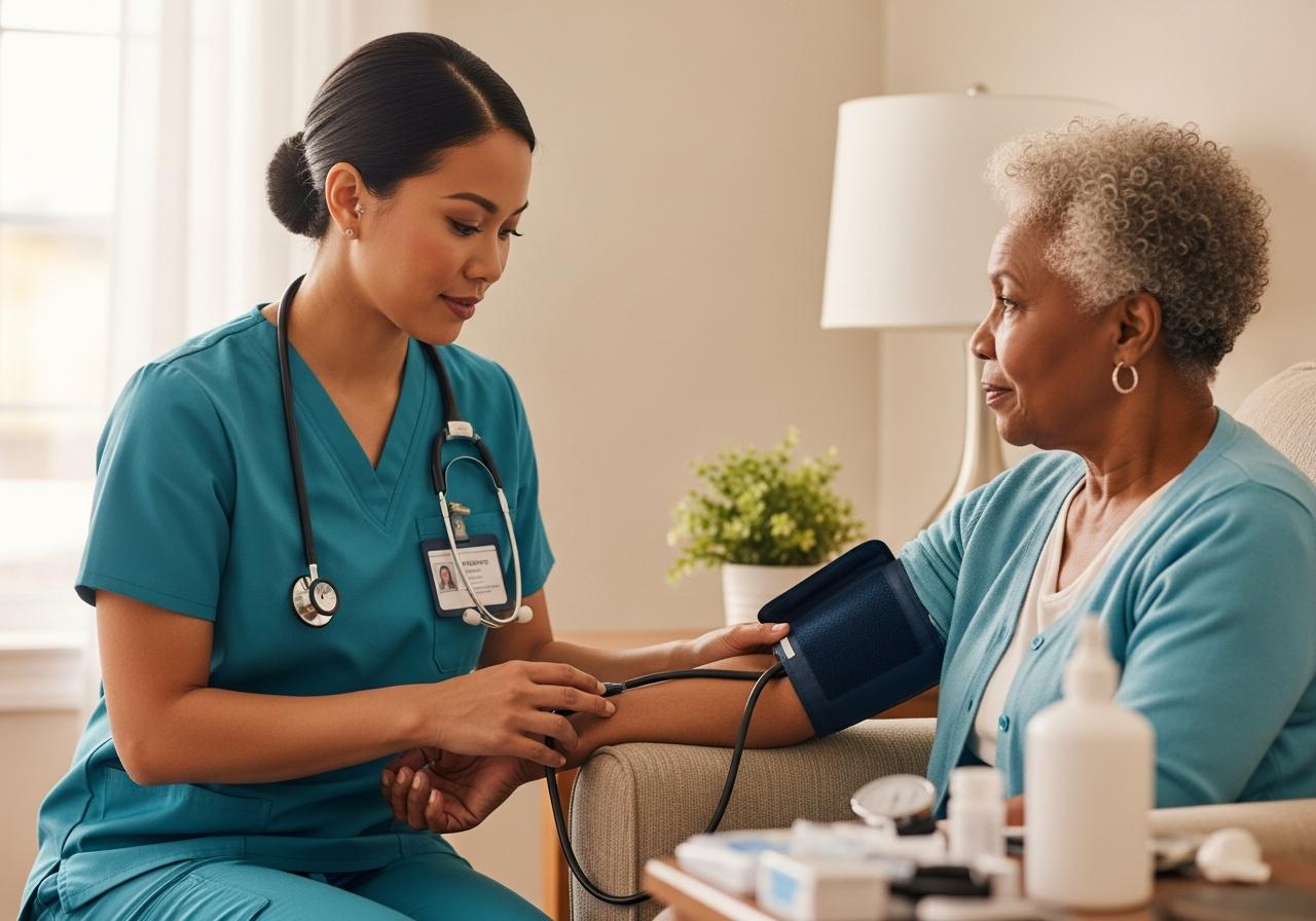 Nurse checking blood pressure of elderly woman in comfortable home setting
