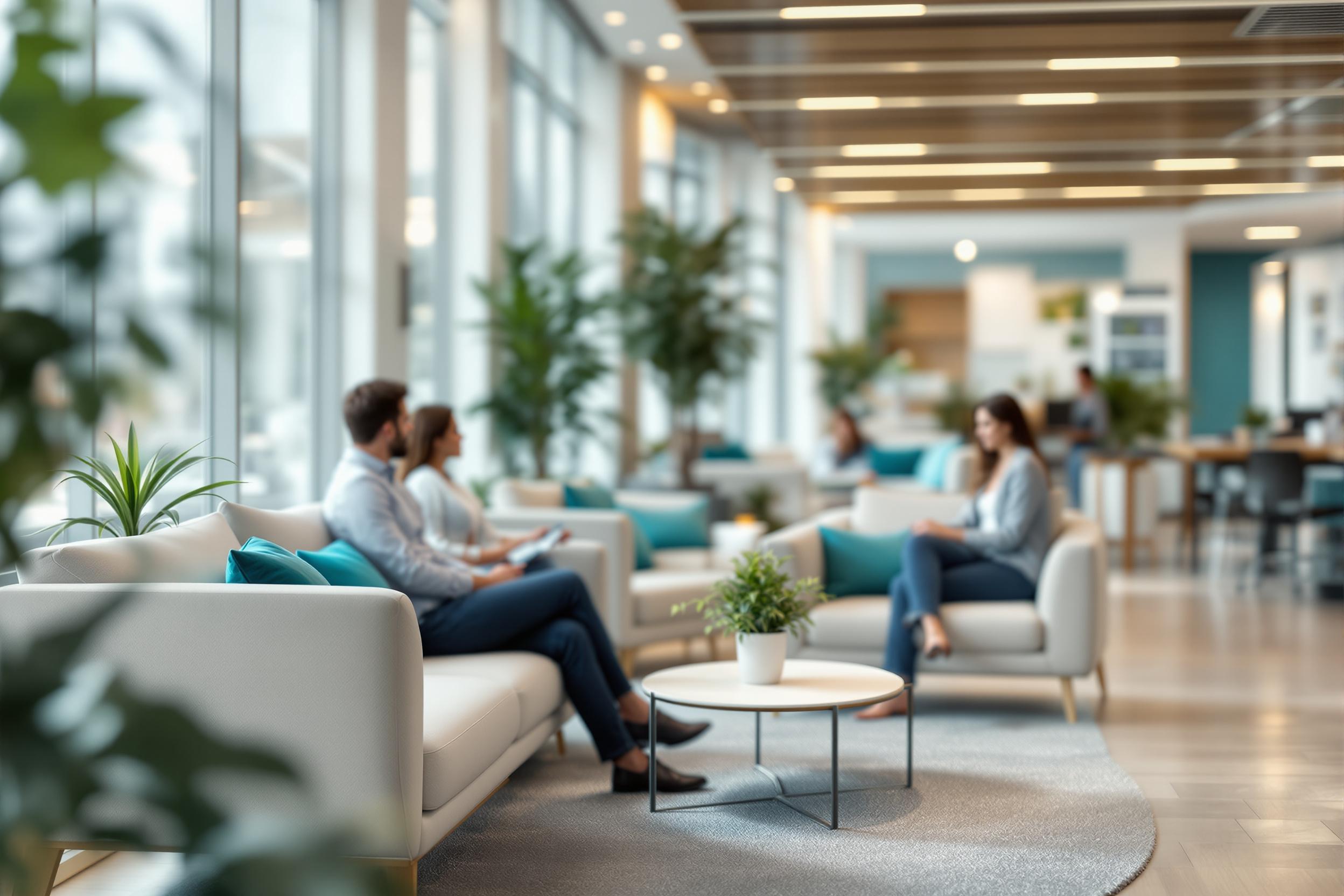 Modern, welcoming office reception area with comfortable seating