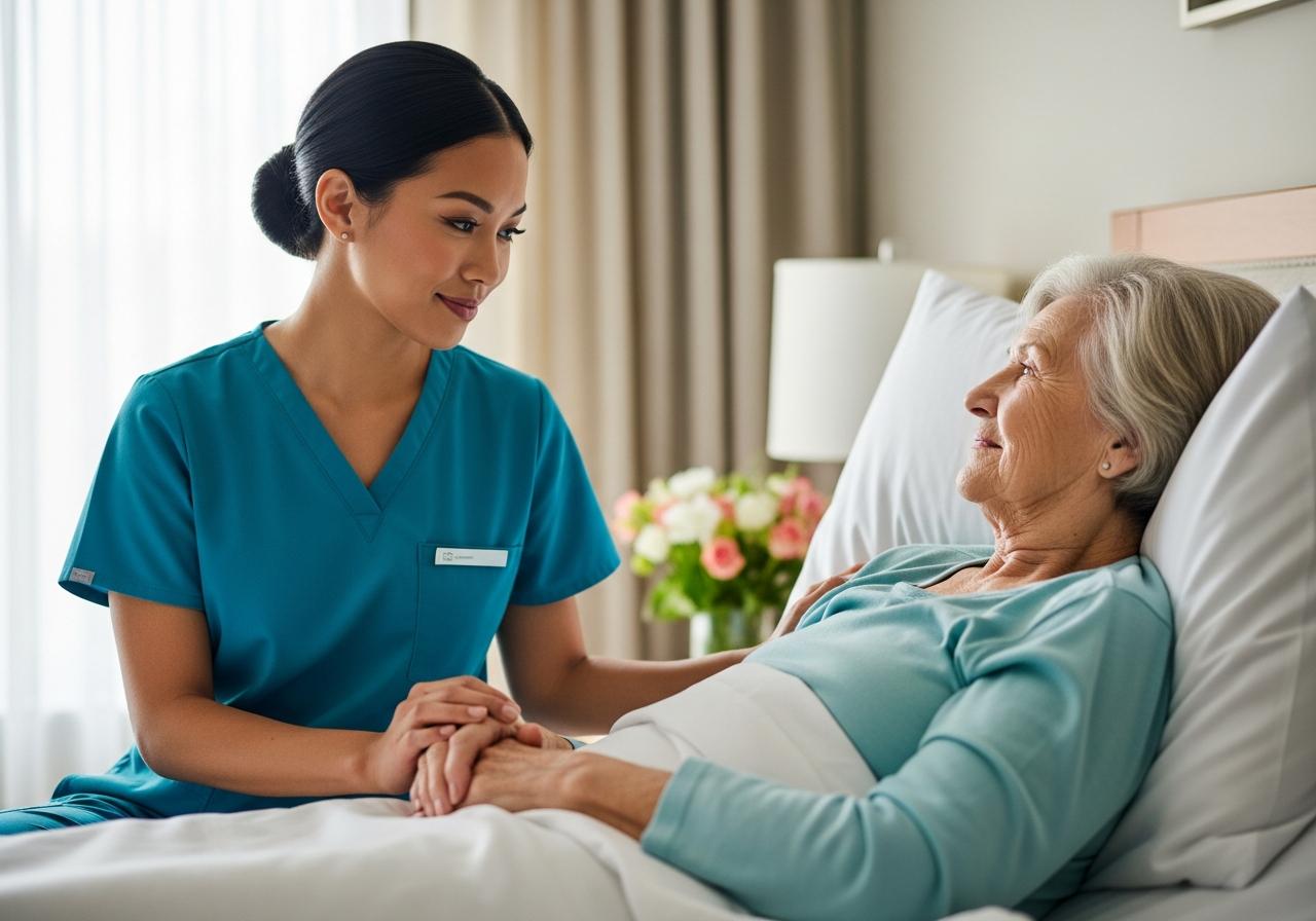 Caregiver gently holding the hand of an elderly woman resting comfortably in bed