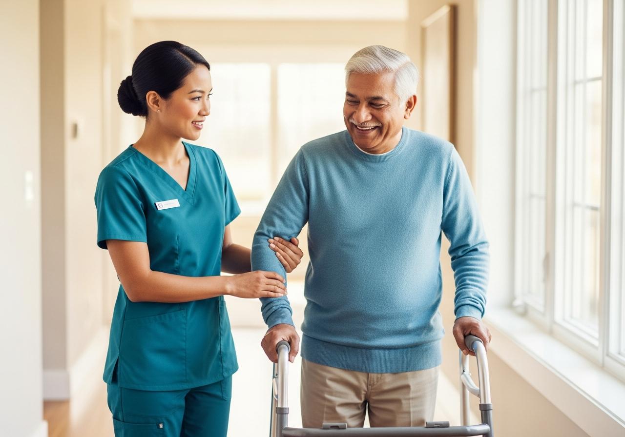Caregiver helping elderly man with mobility support as they walk together in his home