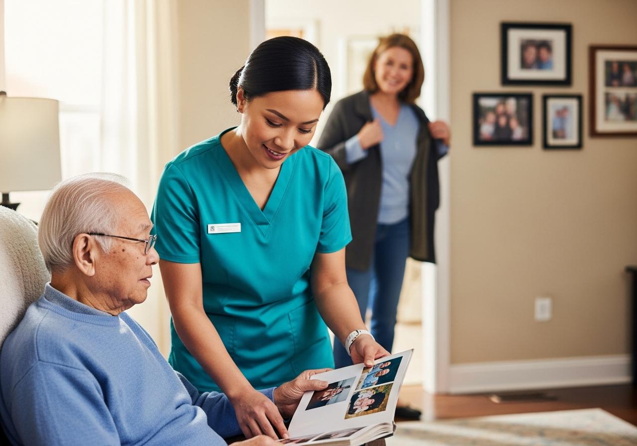 Family caregiver looking relaxed and relieved while professional caregiver engages with elderly person