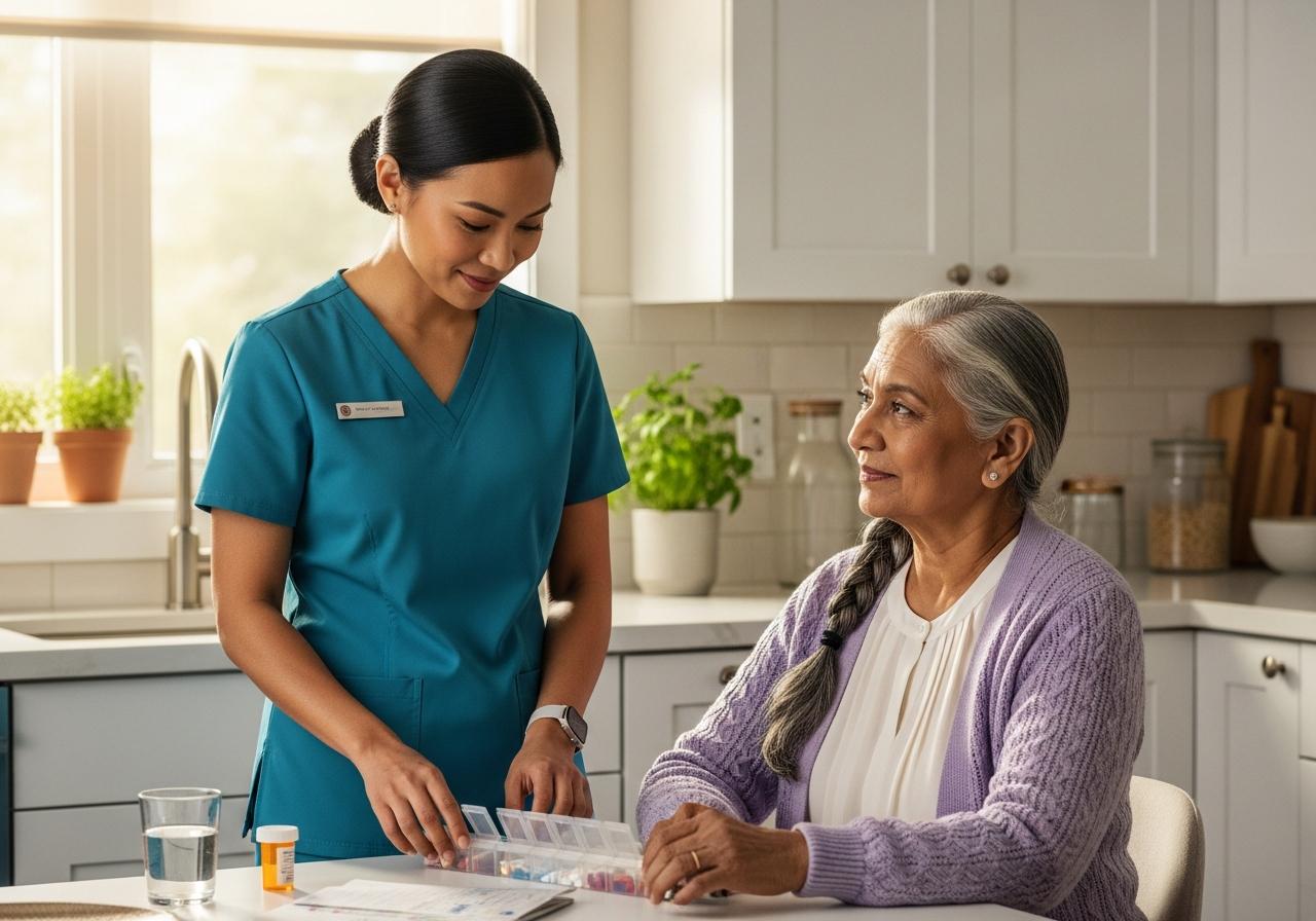 Professional caregiver helping elderly woman with daily activities in bright, welcoming home setting