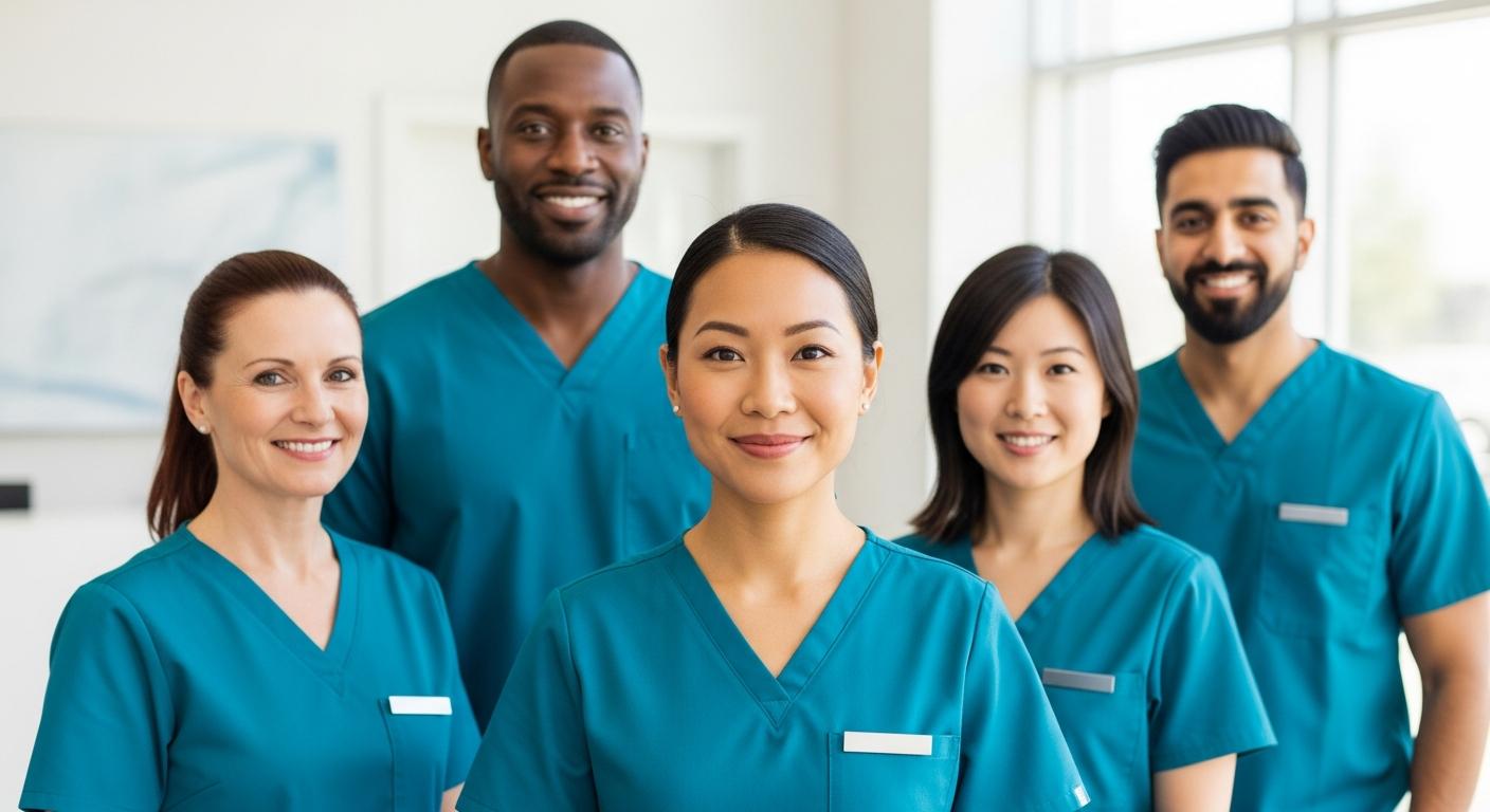 Diverse team of caregivers in professional uniforms standing together, warm and approachable