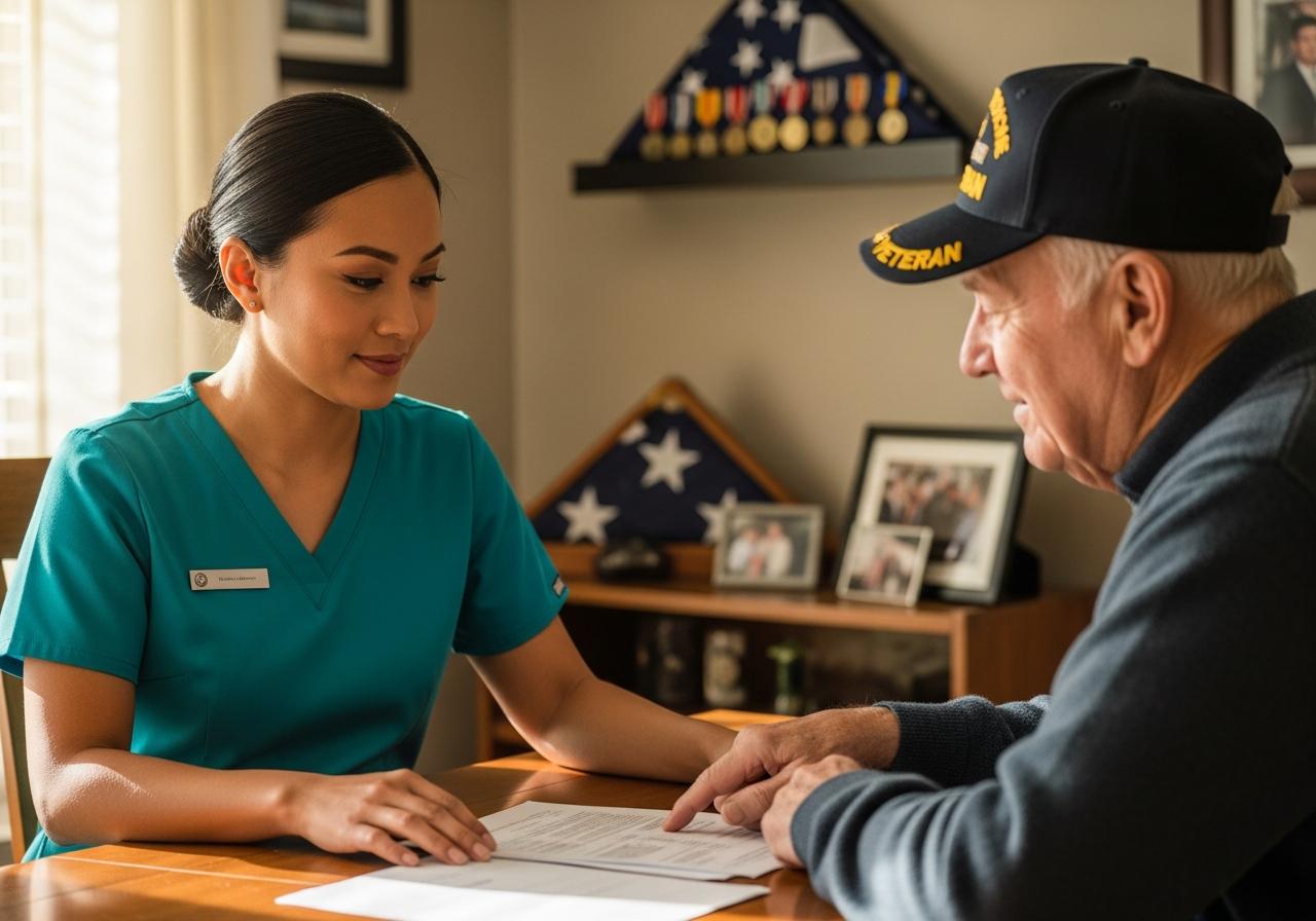 Caregiver reviewing documents with a veteran wearing a military cap at his dining table