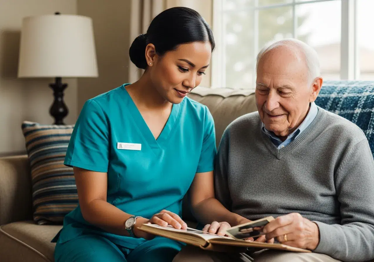 Caregiver and an older man with thin white hair quietly looking through a small family photo album together on a couch