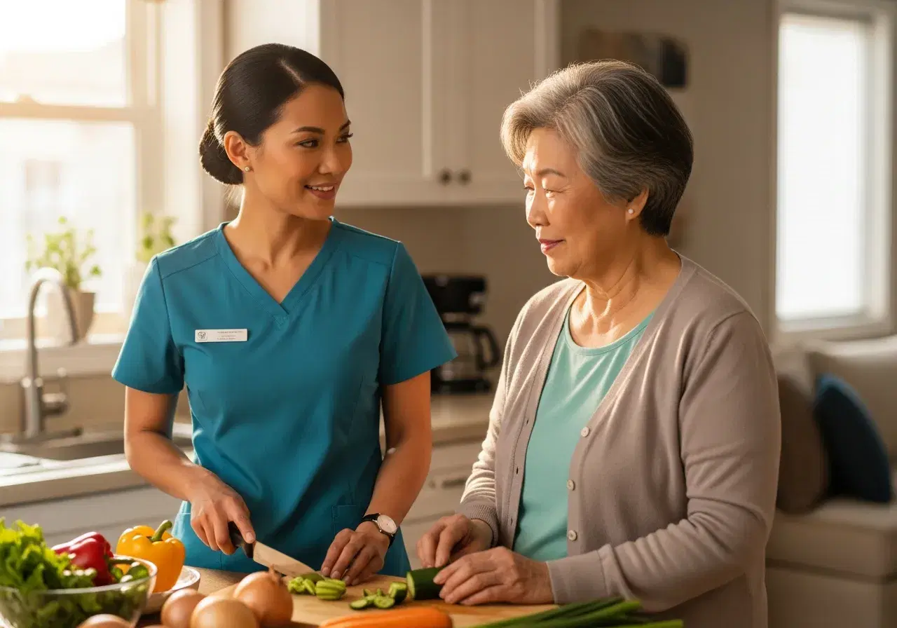 Live-in caregiver and an older woman preparing dinner together at golden hour