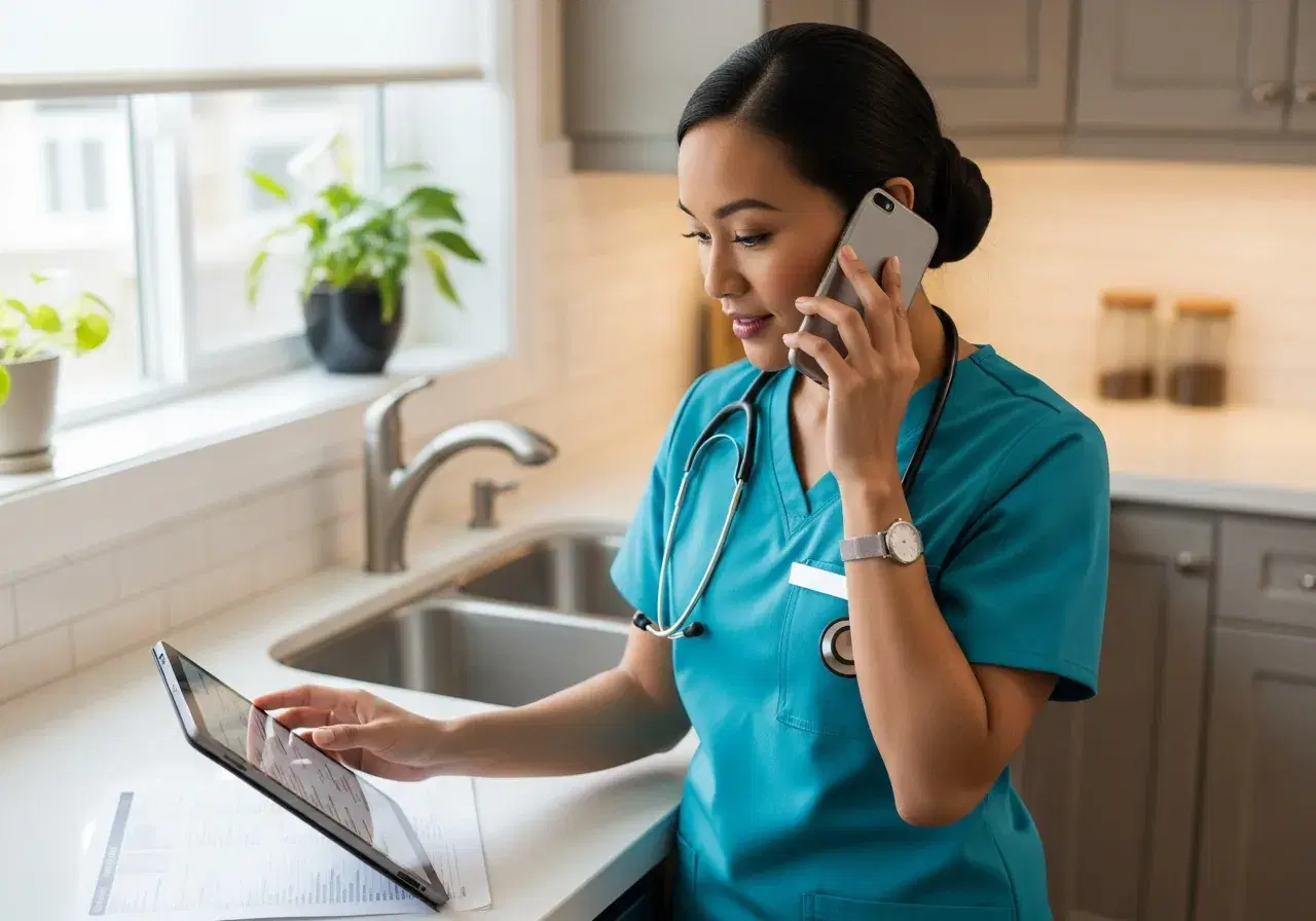Nurse on the phone reviewing a chart on a tablet at a home kitchen counter