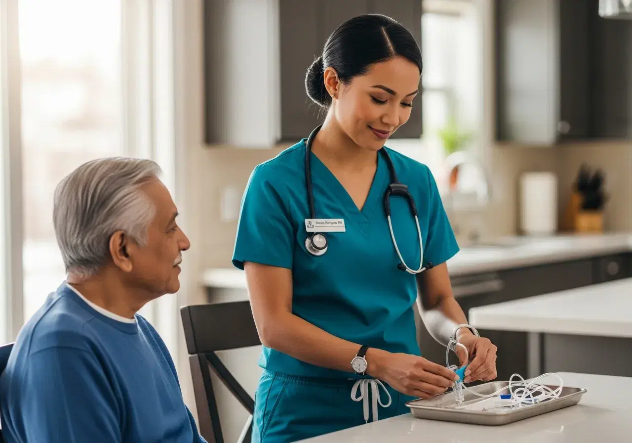 Registered nurse preparing an IV antibiotic infusion bag and tubing on a clean tray while an older man sits comfortably nearby