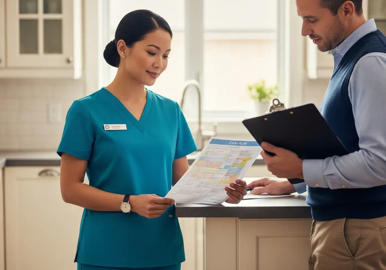 Caregiver and a regional palliative nurse reviewing a printed care plan together at a kitchen counter