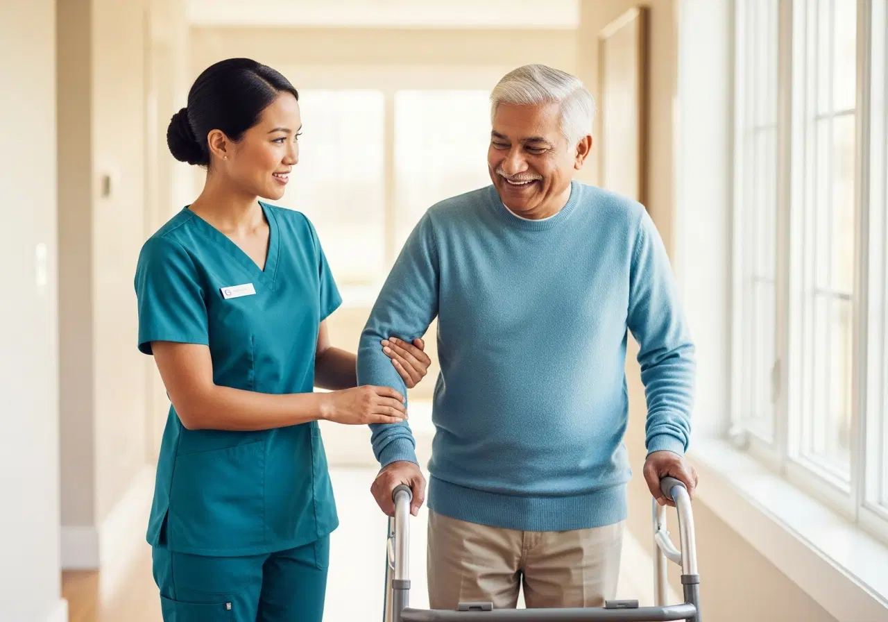 Caregiver helping elderly man with mobility support as they walk together in his home