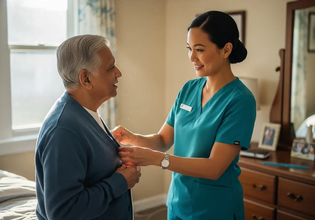 Caregiver gently helping an older woman comb her hair at a vanity in soft morning light